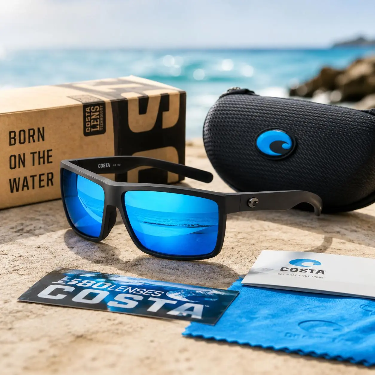 Costa Del Mar Tuna Alley Sunglasses Polarized 580P – Black Frame with Blue mirror Lens UV400 Outdoor Eyewear.
