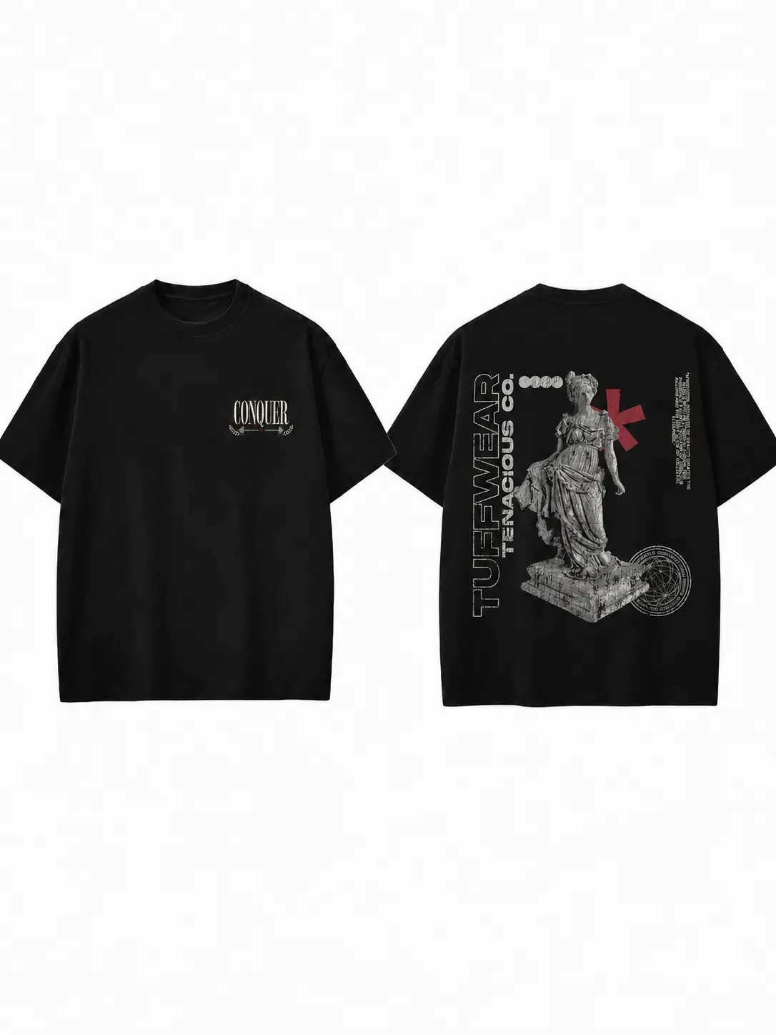 Men’s Greek Goddess Statue Graphic T-Shirt, Ancient Mythology Tenacious Mentality Front and Back Print Tee, Oversized Vintage Gym Workout Bodybuilding Shirt, Motivational Unisex Fitness Streetwear