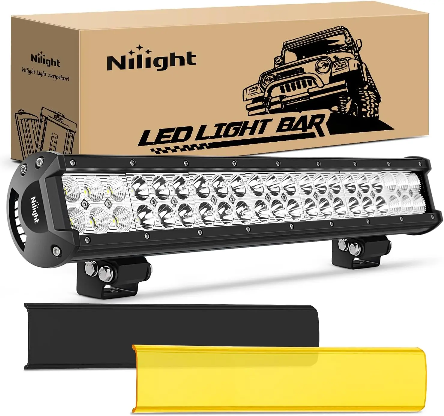 Nilight 20in 126W Aluminum Off-Road LED Light Bar - IP67 Waterproof Led Car Lights with Spot-Flood Combo Beam, Yellow-Black Covers, Mounting-Ready Driving Fog Fixtures for Trucks/SUVs, Boats, Off-Road Driving