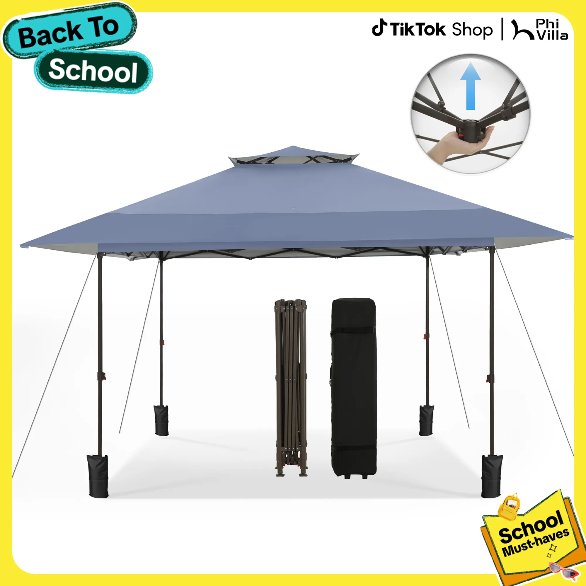PHIVILLA Home Easy Set-up 13x13 Pop Up Canopy Gazebo Outdoor Tent Portable 169 sq.ft Sun Shade Blue Foldable Modern Aesthetic Minimal Design with UPF 50+ UV Protection & Wind Vent