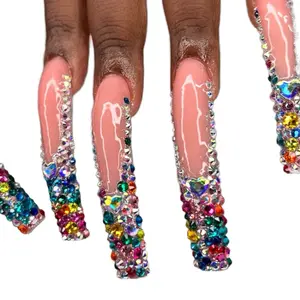 3D Multi-Color Rhinestone Press-On Nails - Colorful Accents on Clear Base with Elegant Design