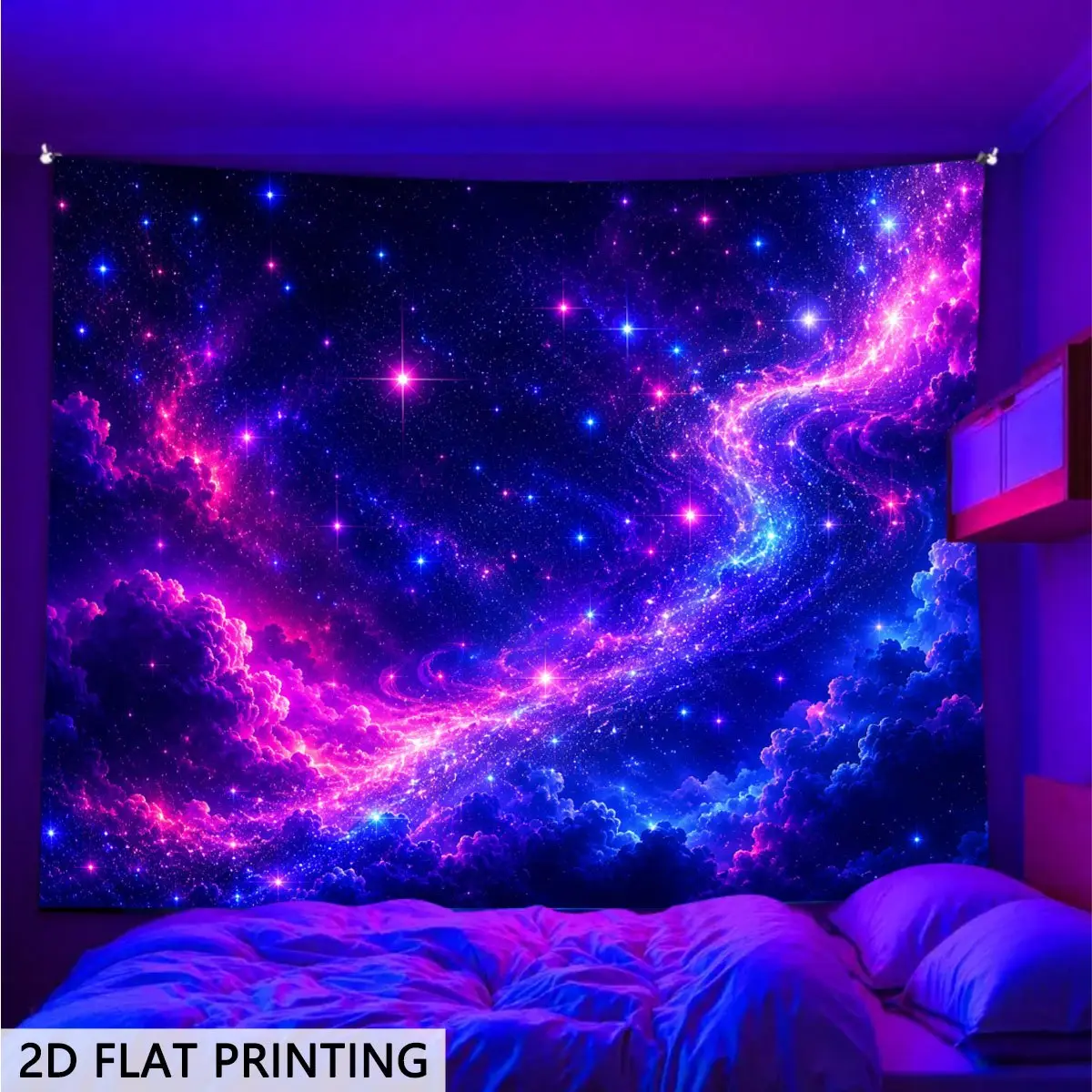 2D Flat, Glow in The Dark Tapestry Wall Hanging - UV Blacklight Reactive Galaxy Nebula Wall Decor Suitable for Bedrooms, Dorms, Game Rooms & Parties, Boho Glow Tapestry with UV Print for UV Activation, Vertical Poster for Office Decor, 2D Flat,family