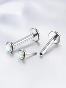 2 Pcs Silvery Long Wear Comfortable Opal Inlaid Lip Piercing Jewelry Kit for Women Men Hypoallergenic Safe G23 Titanium Wearing Delicate Opal Soft Exquisite Shine Under Light Easy-operated Push-in Design Friendly for Daily Replacement Classic Plain Style