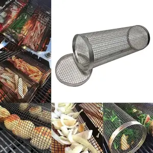 BBQ Grill Basket Rolling Grilling Basket Barbecue Cages Barbecue Grill Grate Cylinder Grilling Baskets Barbecue Utensils Stainless Steel Portable for Outdoor Camping
