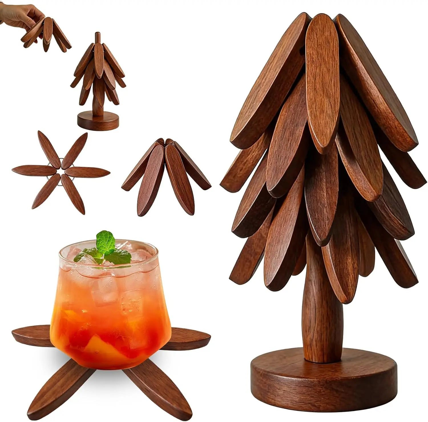 [summervibes]Wooden Trivets for Hot Dishes - Trivet Tree, Tree Coasters, Decorative Shape Set, 4 Coasters + 1 Stand, Walnut Foldable Hot Plate Holder for Pots, Pans, Bowls