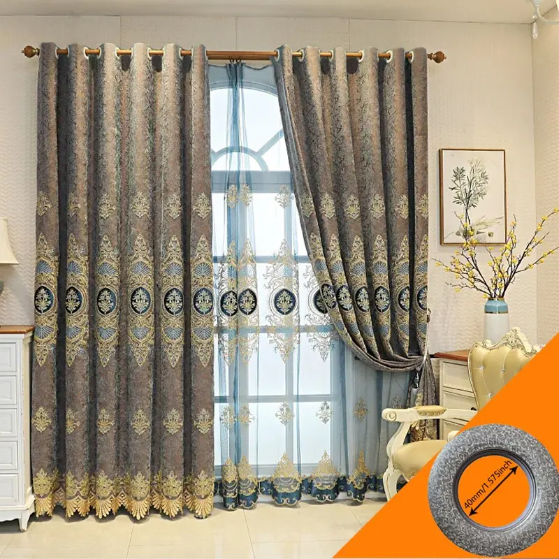 Chenille Sheer Curtain with Mesh, European Luxury Embroidered Curtains Living Room Insulated Blackout Drapes, Single Piece Decorative Window Treatment