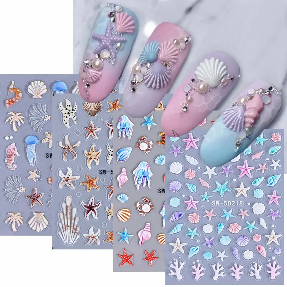4pcs Ocean Style 3D Nail Art Stickers, Sea Star Shell Jellyfish Summer Beach Nails Decor, DIY Nail Art Supplies
