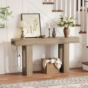 Garvee 63 Inch Console Table with Power Outlet, USB & Type C Ports, Extra Long Narrow Sofa Table for Entryway, Hallway, Foyer, Living Room in Gray, Rustic Brown & Black, 33.3" High