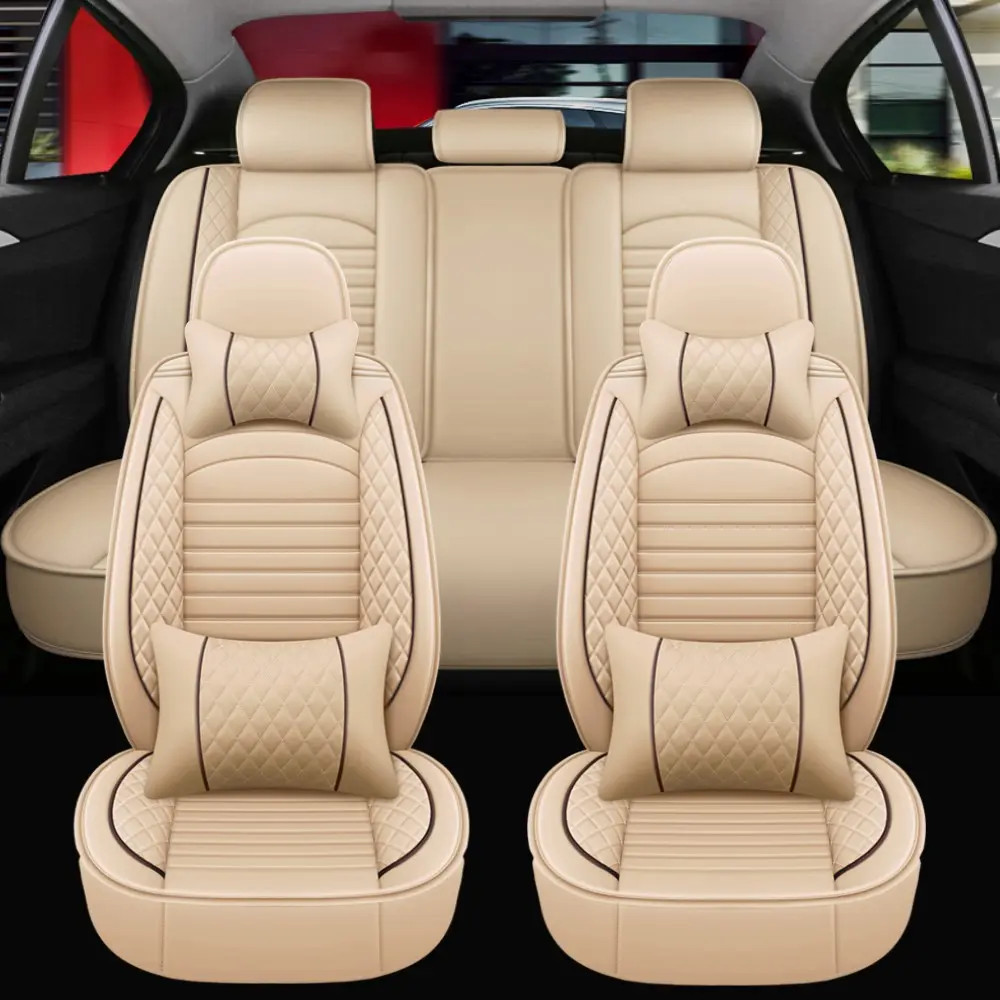 Beige PU Leather Universal Full Set Automotive Seat Covers - Car Interior Kit with Car Seat Cushions, Head Pillows, Waist Pillows, All-Weather Breathable Dirt Protection, Ideal Gift for Parents