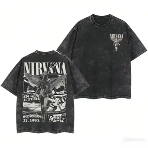 Retro Limited Nirvana Band Tour Black 2-Sided Vintage Tee Graphic Unisex Oversize Rock Band Washed Heavyweight Cotton T-shirt Gift For Rock Music Lovers Vintage Band Shirts Casual Fabric Fit Top Womenswear Streetwear Tshirt Round Neck Crewneck Shortsleeve