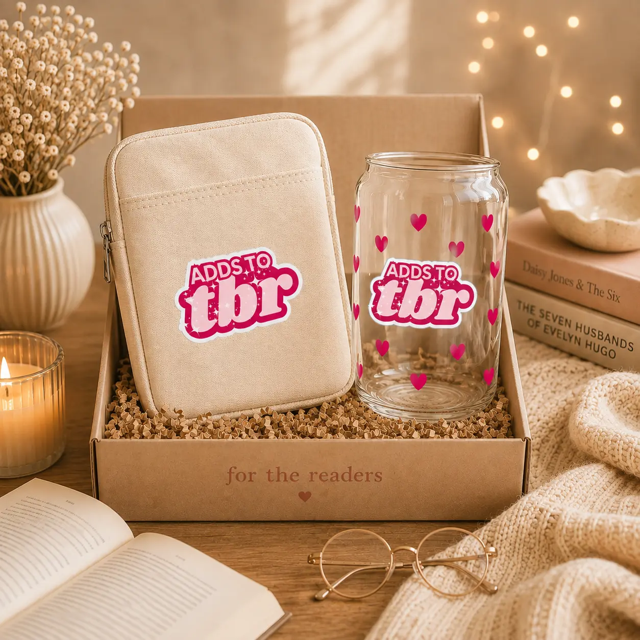 Book Lover Gift Bundle, Includes Padded Kindle Sleeve & 16 oz Glass Can, Festive Party Gift for BookTok Readers