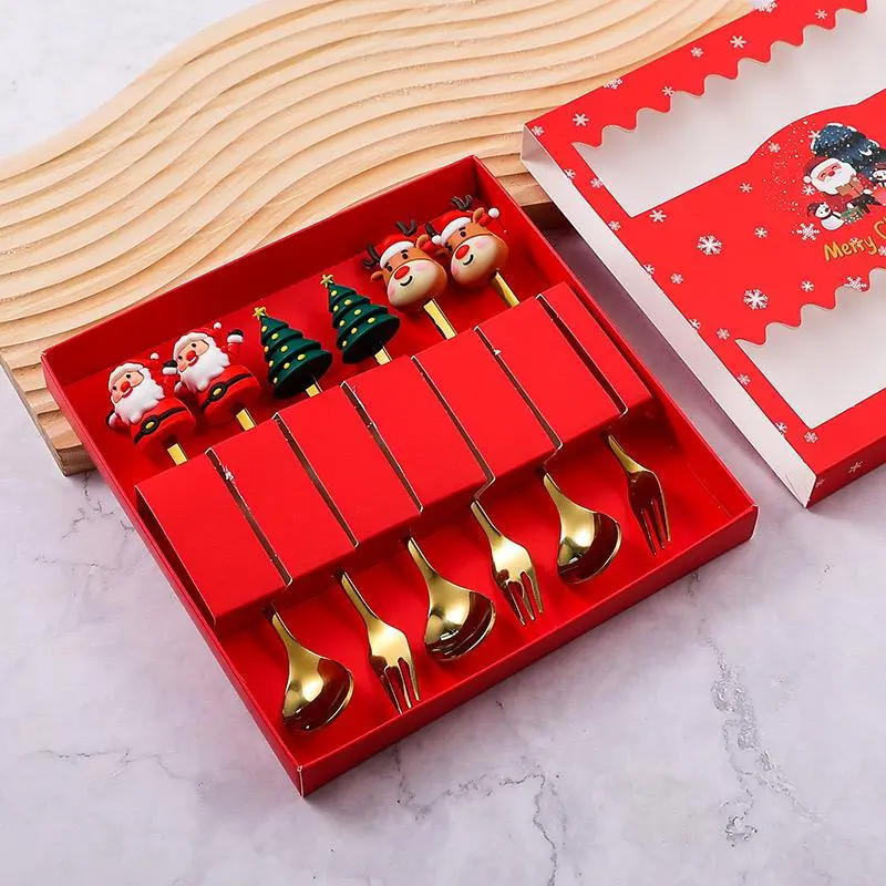 Christmas Themed Cutlery Set, 6 Counts/box Stainless Steel Spoon & Fork, Tableware Set for Home Kitchen Dining Room