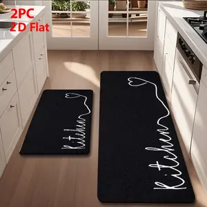 2pcs/3pcs Flannel Kitchen Mat Set, Base with 'kitchen' Script, Non-Slip, Absorbent, Retro Industrial Style