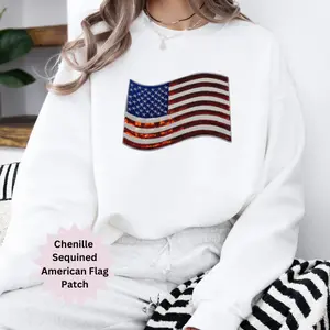 American Flag Patch Sweatshirt, Womenswear Oversized Soft Sweaters Crewneck, Women 4th of july chenille patch pullover