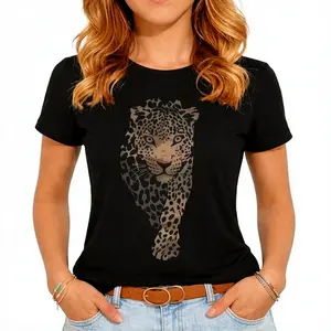 Leopard Print Women's Vintage Washed Cotton T-Shirt - 230g Heavy Cotton, Crew Neck Short Sleeve, Retro Street Style, Machine Washable, Loose Fit Casual Tee for Spring & Summer