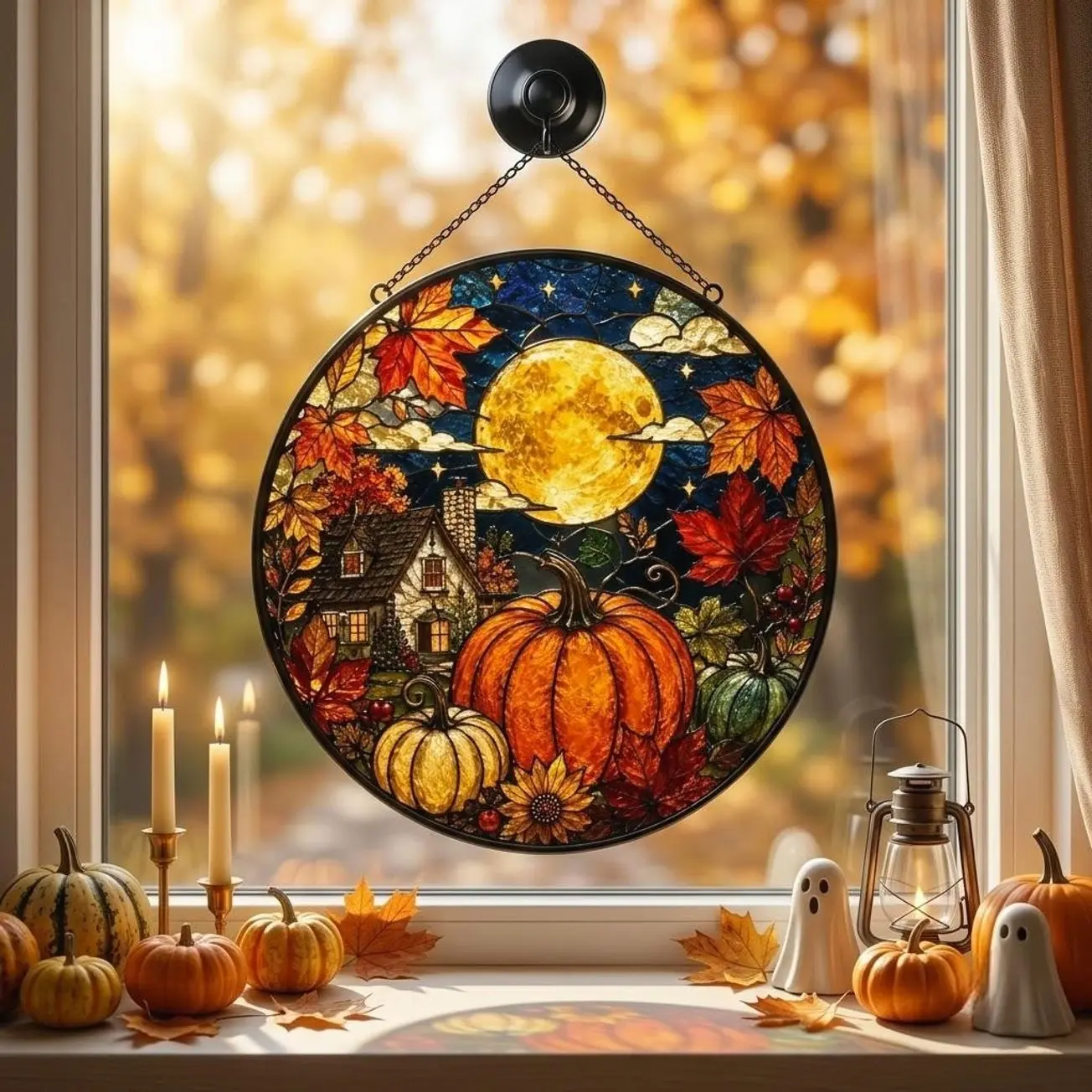 Harvest Moon Pumpkin Halloween Stained Glass Suncatcher, Autumn Maple Leaf Window Hanging Gift, Thanksgiving Cottagecore Wall Decor