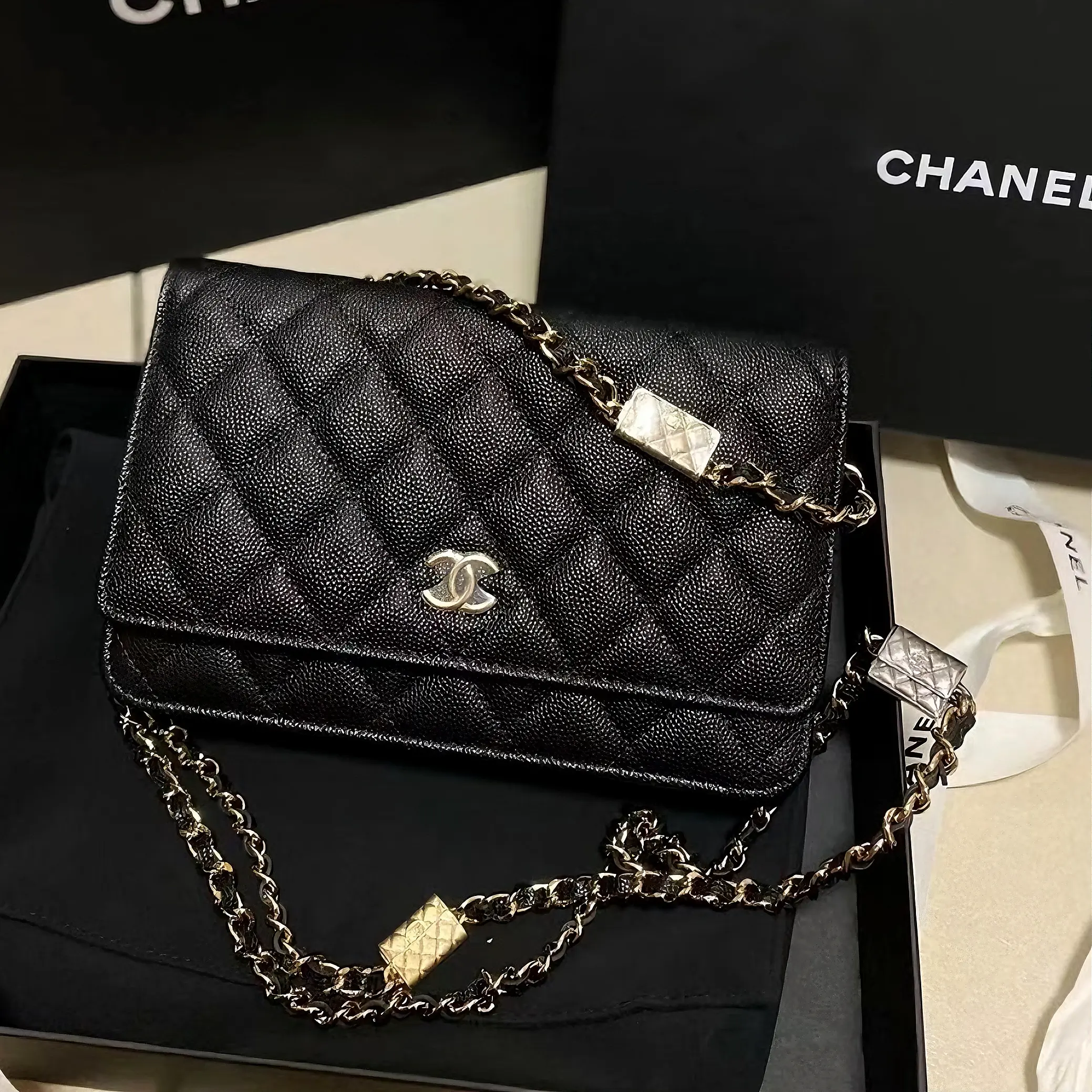 Pre-owned CHANEL WOC Wallet On Chain Caviar Grained Calfskin With Authentic Microchip 6703