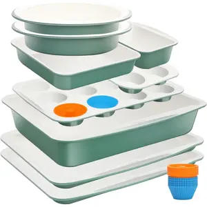 Ceramic Nonstick Baking Pans Set, Non  33 count Stackable Bakeware Sets, 550?F Oven Safe Baking Sheet & Pans, Warp-Free, Dishwasher Safe, PTFE/PFOA/PFOS-Free (Green)