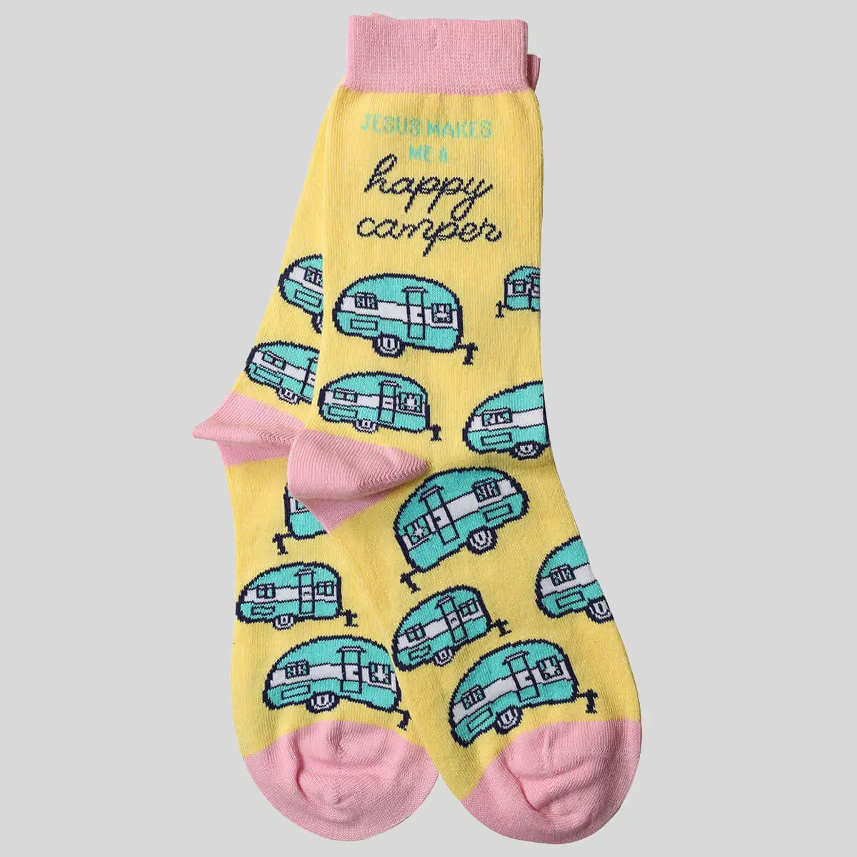 Women's Vintage Cotton-Poly Elastane Blend Socks - Breathable, Faithful Print, Vintage Turquoise Campers Design, Unisex Fit for Most Women's Shoe Sizes, Heart, Light, Happy Camper
