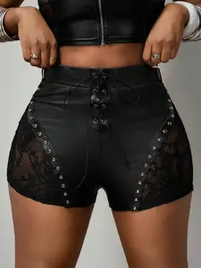 Women's Leather Lace Shorts, Gothic Punk Style, High Waist, Adjustable Buckle Straps, Mesh Design, Perfect for Night Out, Trendy Streetwear