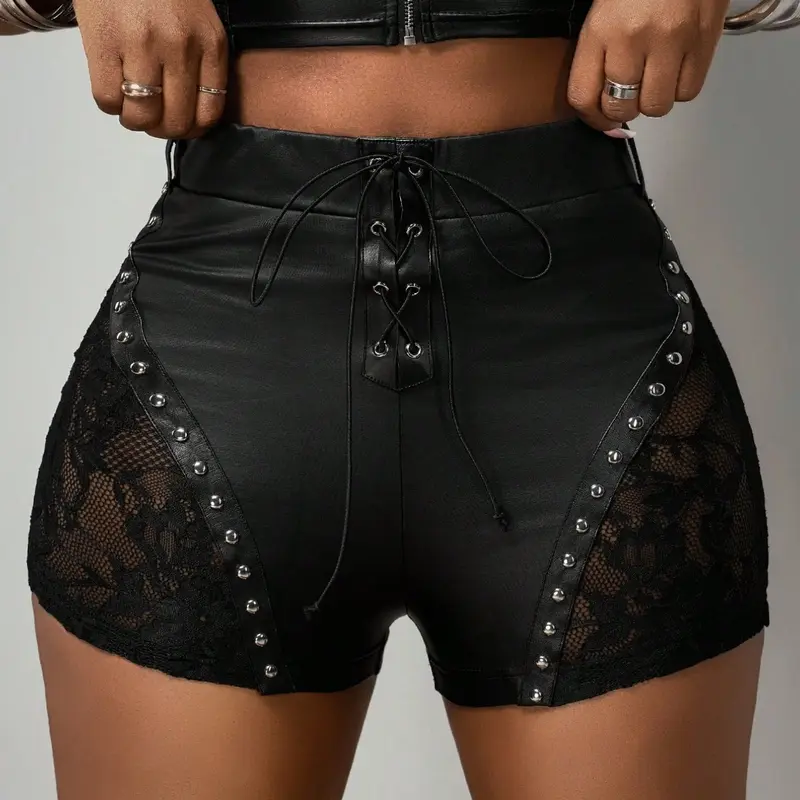 Women's Leather Lace Shorts, Gothic Punk Style, Chic, High Waist, Adjustable Buckle Straps, Mesh Design, Perfect for Night Out, Trendy Streetwear, Fit Bottom, Fashionable Shorts