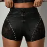 Women's Leather Lace Shorts, Gothic Punk Style, Chic, High Waist, Adjustable Buckle Straps, Mesh Design, Perfect for Night Out, Trendy Streetwear, Fit Bottom, Fashionable Shorts