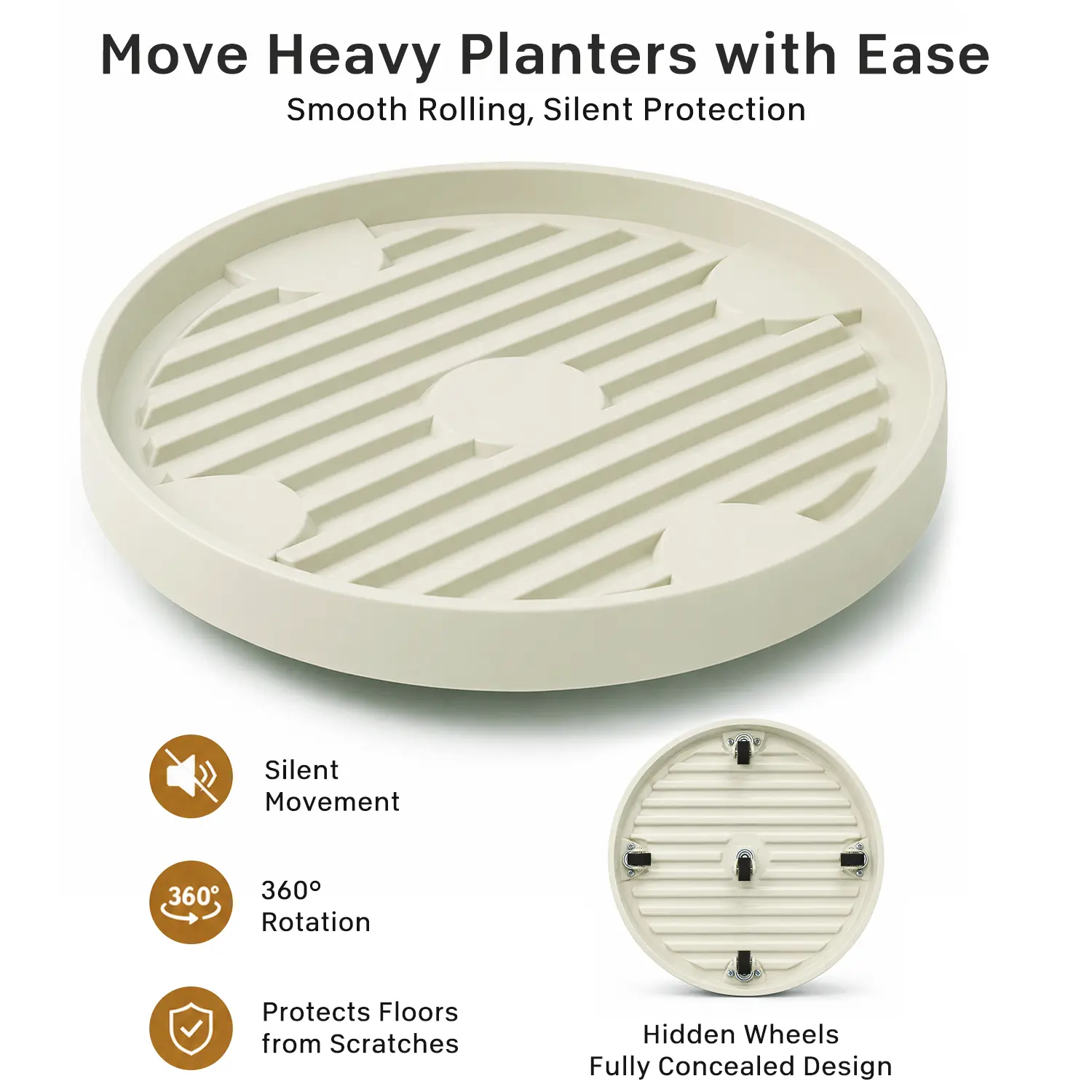 FEPITO 14.56inch Hidden Wheel Rolling Plant Caddy, Thickened Breathable Plant Saucer, 264 lbs Capacity, Corrosion and Deformation Resistant Silent Wheels for Large Planters