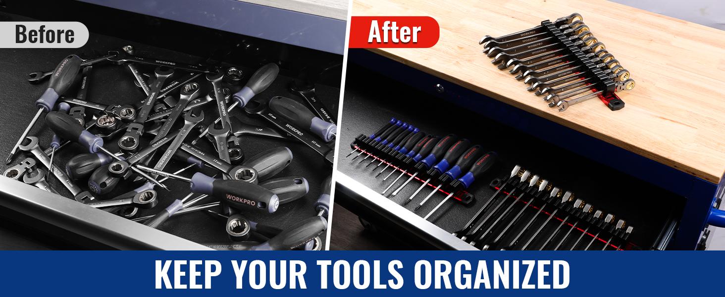 #BacktoSchool WORKPRO Magnetic Screwdriver and Wrench Organizer Set, 36-Slot Tool Holders | 3-Pack Aluminum Rails, Magnetic Force, Flexible High-Tension Tool Clips, For Tool Box Drawer & Wall-Mount Storage