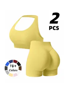 Women's Gym Workout Tank Top Set, Fitness Outfits, Halter Neck Bra Vest + High Waist Butt Lifting Shorts, Sporty Yoga Pilates Short Pants, Fitness Activewear, Quick Dry Sweat Absorbent