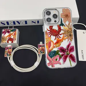 5 Piece Set Transparent Beaded Heart Star Flower Phone Case, Charger Head Cover, Cable Protector, Storage Rope, Anti-Drop Tpu Shell for iPhone