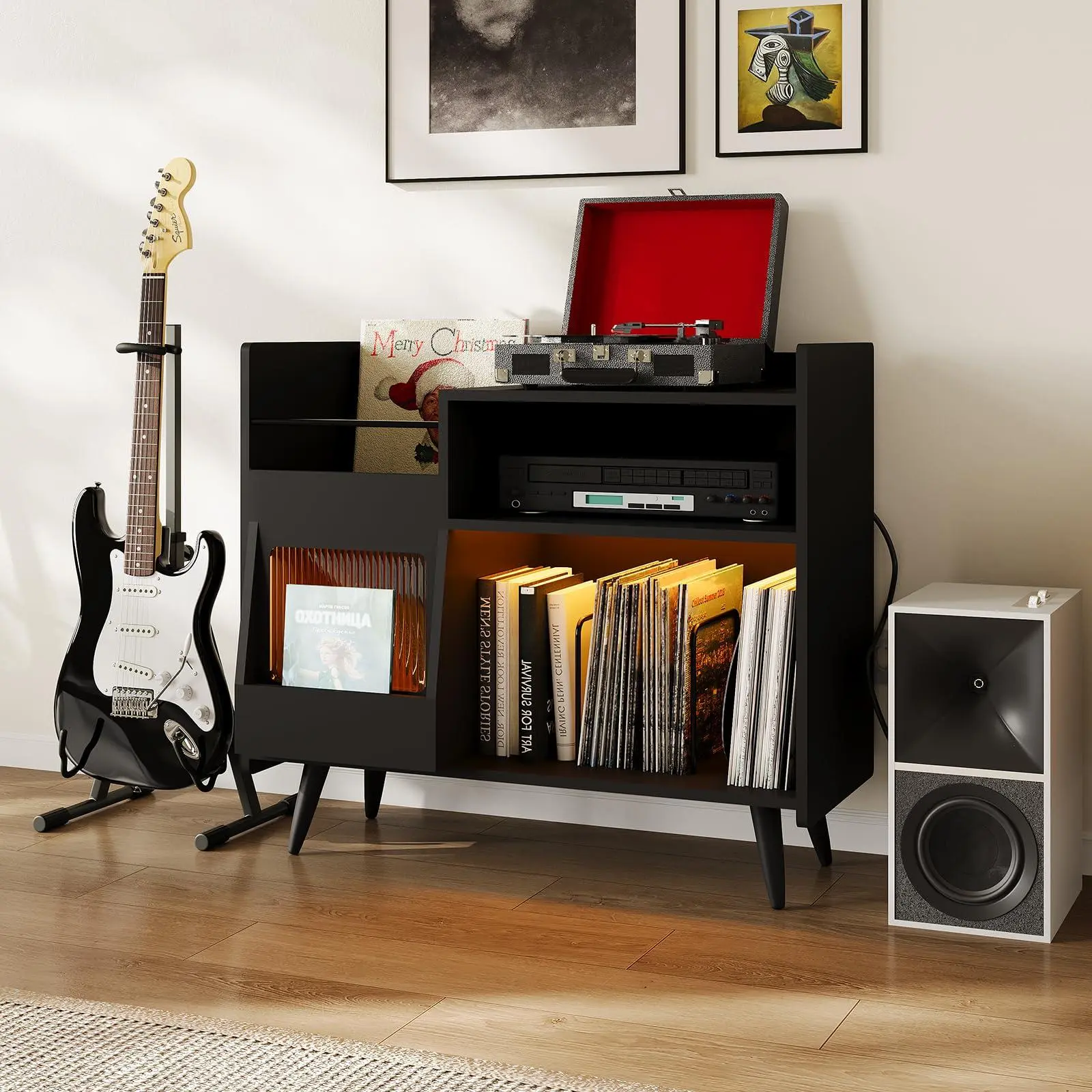 Large Record Player Stand with LED Lights & Charging Station, Sliding-Door Vinyl Storage Cabinet for Living Room, Black