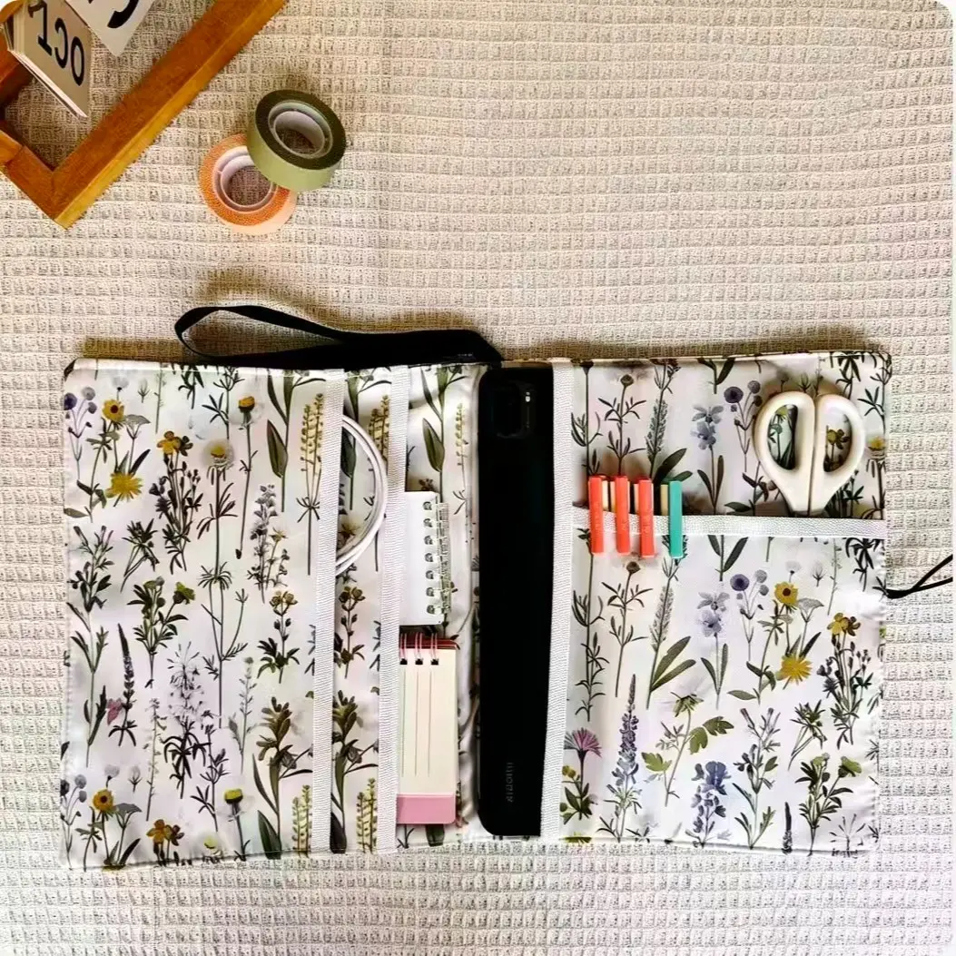 Wildflower Floral Pattern Briefcase, Multi-Layer Compartments Book Protector Storage Bag, Pen Holder & Writing Tools Accessory Pouch, Daily & Travel Friendly Organizer