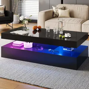 【1 Packages Shipping】oneinmil 47” High-Glossy LED Coffee Table with 2 Sliding Drawers Modern Stylish Double-Layer Center Table with LED Lights White Living Room Storage