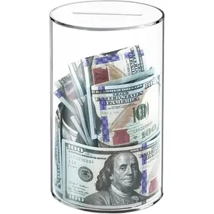 Clear Piggy Bank for Adults, Acrylic Unopenable Money Box for Cash Coin Saving, Must Break to Open, Money Saving Jar for Adults Boys Girls, Size 6" H x 4" Diameter