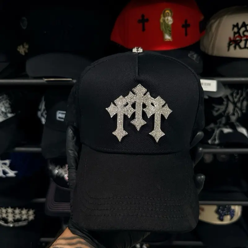 Unisex Black Baseball Cap with Rhinestone Cross Design, Luxury Streetwear Hat for GameStrong Enthusiasts
