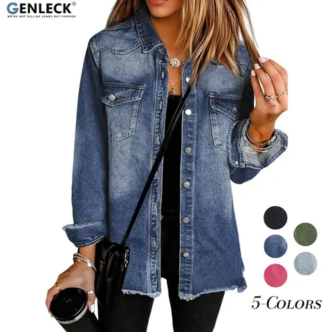 Genleck Women's Curated Casual Oversized Collared Denim Shacket - Button-Front, Frayed Hem, Lightweight Premium Cotton Blend Outerwear Jacket