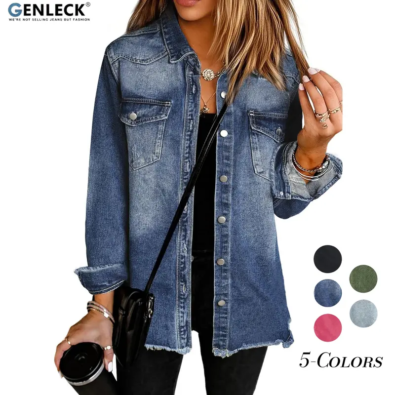Genleck Women's Curated Casual Oversized Collared Denim Shacket - Button-Front, Frayed Hem, Lightweight Premium Cotton Blend Outerwear Jacket