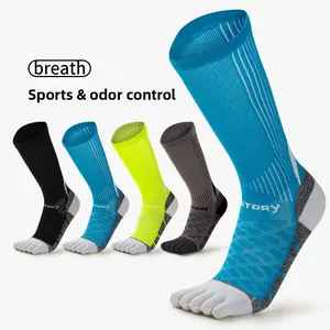 4 pairs Coolmax Men's Over-the-Calf Toe Socks - Maximum Cushioning Terry Loop Sole, Shock Absorption for Marathon & Running, Performance Long Socks Floral Copper Compression Socks Breathable Moisture-Wicking Sports Socks