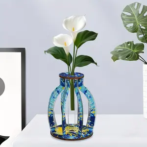 DIY Diamond Painting Kit Acrylic & Wooden Puzzle Vase for Green Plants with Test Tube 5x6.1in Round Drills for Daily Festival Table Bathroom Bedroom Decor