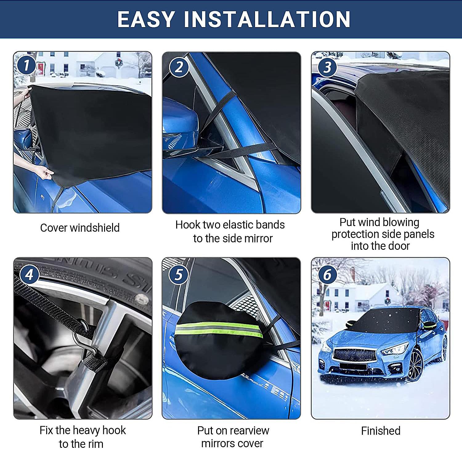 Windshield Cover for Sun Shade and Snow Car Windshield Snow Cover Thicken Frost Cover Waterproof with Side Mirror Covers for Most SUVs Trucks 73"x 51" 600D Oxford Fabric