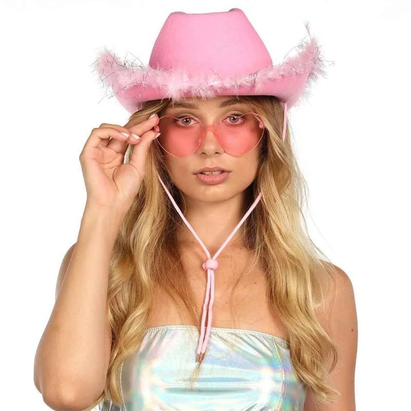 Cowgirl Hat with Glasses - Hot Pink Cowboy Hat with Feathers