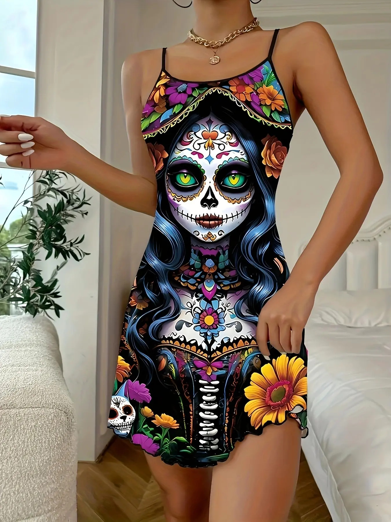 Women's Comfortable Soft Casual Fit Round Neck Halter Sleepwear, Fashion Sleepwear, Rose Skull Lace All Over Print Nightgown, Home Wear Pajamas, Loungewear, Nightdress Sleepwear