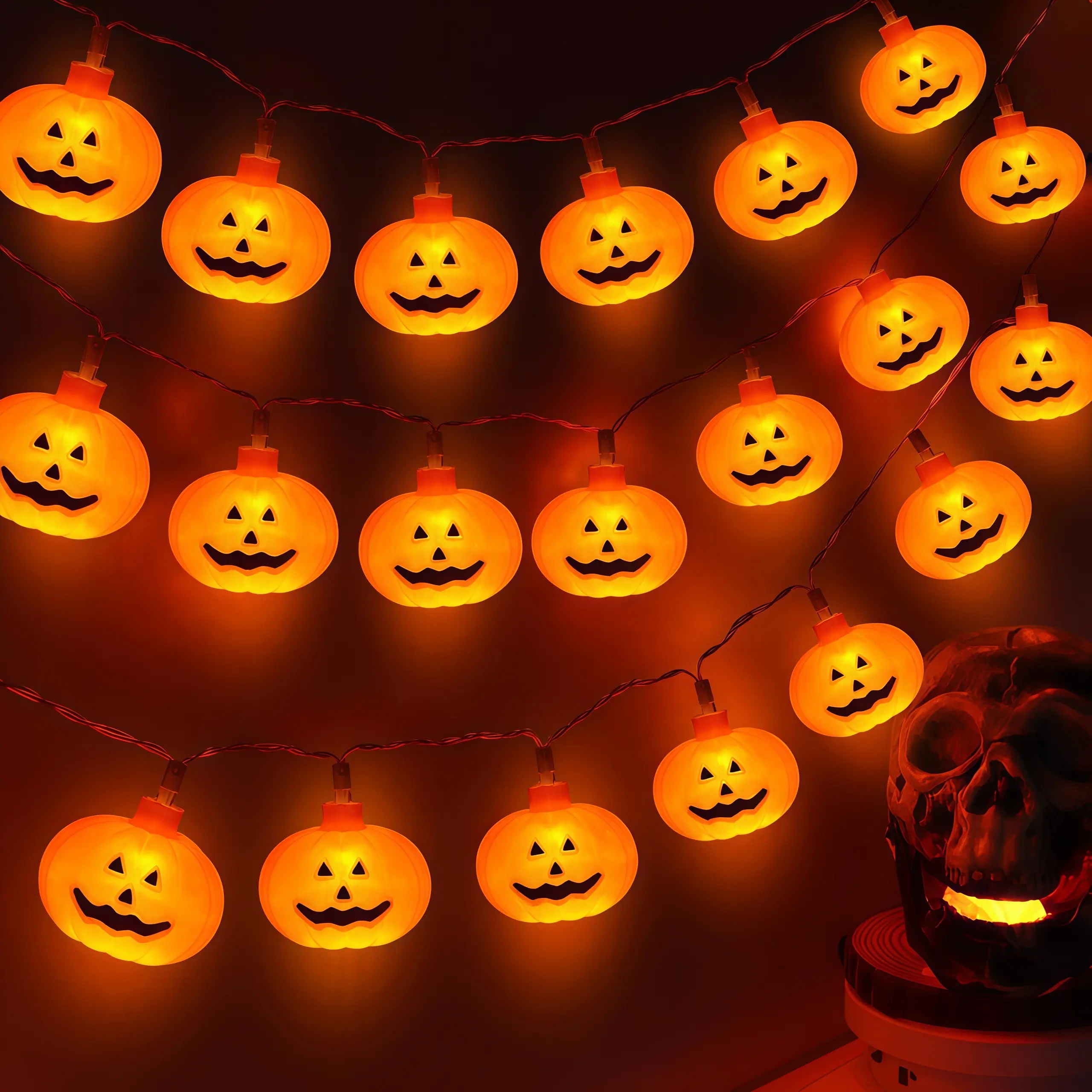 Classic ABS Plastic Pumpkin Shape String Lights, 10ft Length Battery-Operated Halloween Decorations, 20 LED 3D Orange Jack-O-Lantern Waterproof Steady/Flickering Lights for Indoor Outdoor Party Home Decor