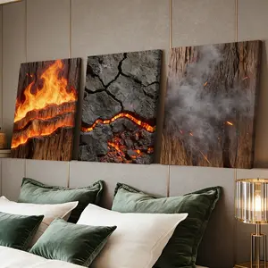 3 Counts Wooden Framed Canvas Painting, Burning Lava And Cracked Earth Images, Exquisite Poster, Perfect Gift, Decor For Living Room, Bedthroom, Modern Art, Fashion Family Poster, Wall Art Decoration