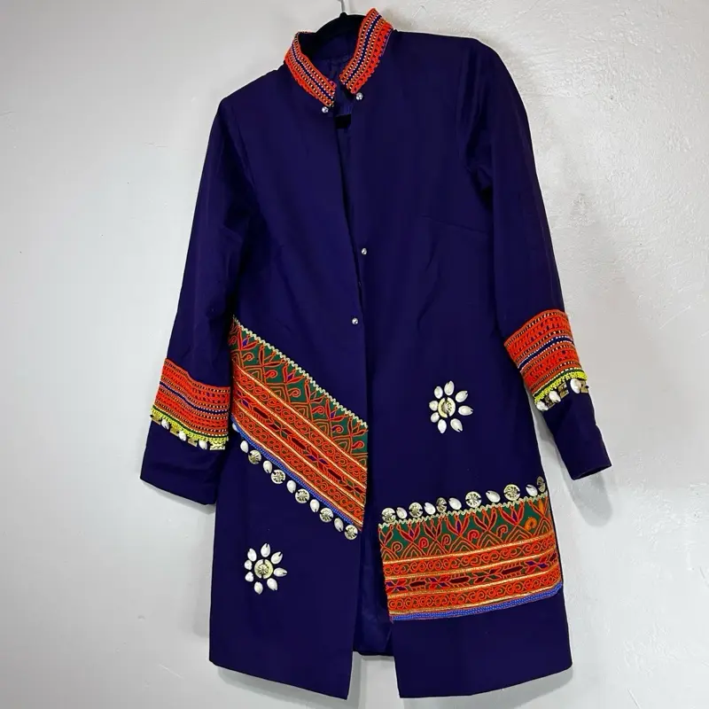 Women's Deep Purple Cotton Afghan Coat, Breathable, with Lacing Details Traditional Formal Casual