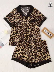 Plus Size Women's Bubble Pleated Homeewear Leopard Print Short Sleeve Shorts Open Front Sleepwear Set, Pajama Set, Wearable Outdoors