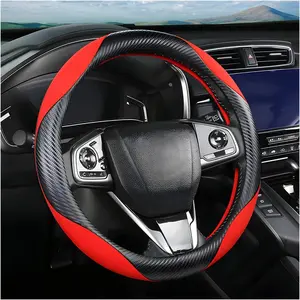 Steering Wheel Cover for Women and Men, Carbon Fiber Plush Steering Wheel Cover Soft Anti-Slip Comforting, Universal 15 Inches Steering Wheels Accessories (Carbon Fiber Black/Red)