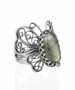Filigree Art Labradorite Gemstone Butterfly Design Women Silver Cocktail Ring
