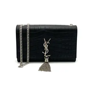Pre-owned Yves Saint Laurent Crocodile Embossed Leather Cross Body Bag Classic Monogram Tassel Black Medium#4112