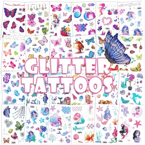 Glitter Temporary Tattoo for Girls, 24 Sheets Butterfly Mermaid Fairy Flowers Tattoo Stickers for Kids, Waterproof Fake Tattoos for Birthday Party Favors Goodie Bags Stuffers Party Fillers